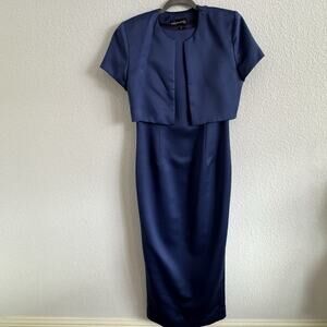 Jessica McClintock Size 8/M Navy Blue Formal Column Dress W/ Bolero MOB Made USA